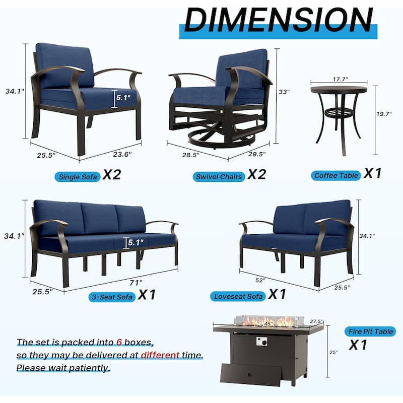 Aluminum Patio Furniture Set with FirePit Ottomans Swivel Chairs,Sectional Sofa with Thick Seat Cushions for Porch Garden