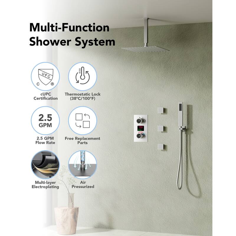 LCD Temperature Display 12" High-Pressure Shower System With Pressure Balancing Diverter Valve - 12-Inch