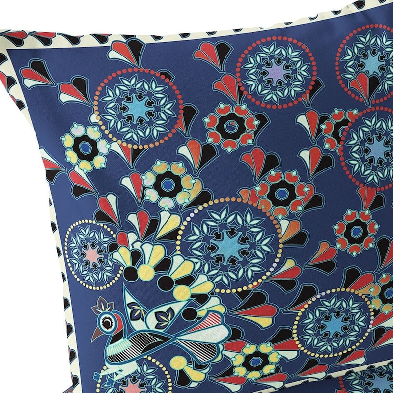 HomeRoots Set of Two 16" X 16" Blue and Off White Peacock Blown Seam Floral Indoor Outdoor Throw Pillow