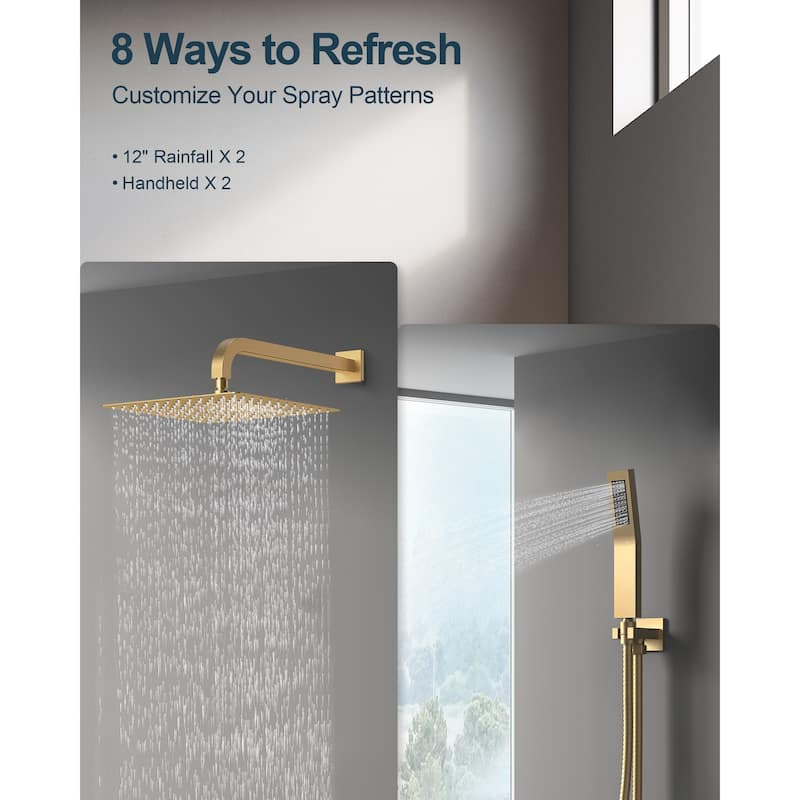 GRANDJOY 12 inch Wall Mounted Dual Shower Heads with Handheld Spray Combo Thermostatic High Pressure Shower System