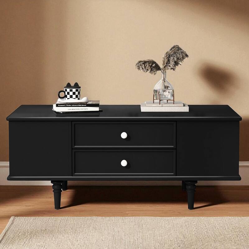 47.2" Modern Wood Rectangular Coffee Table with 4 Drawers, Side Hidden Compartments and Solid Wood Legs - Black