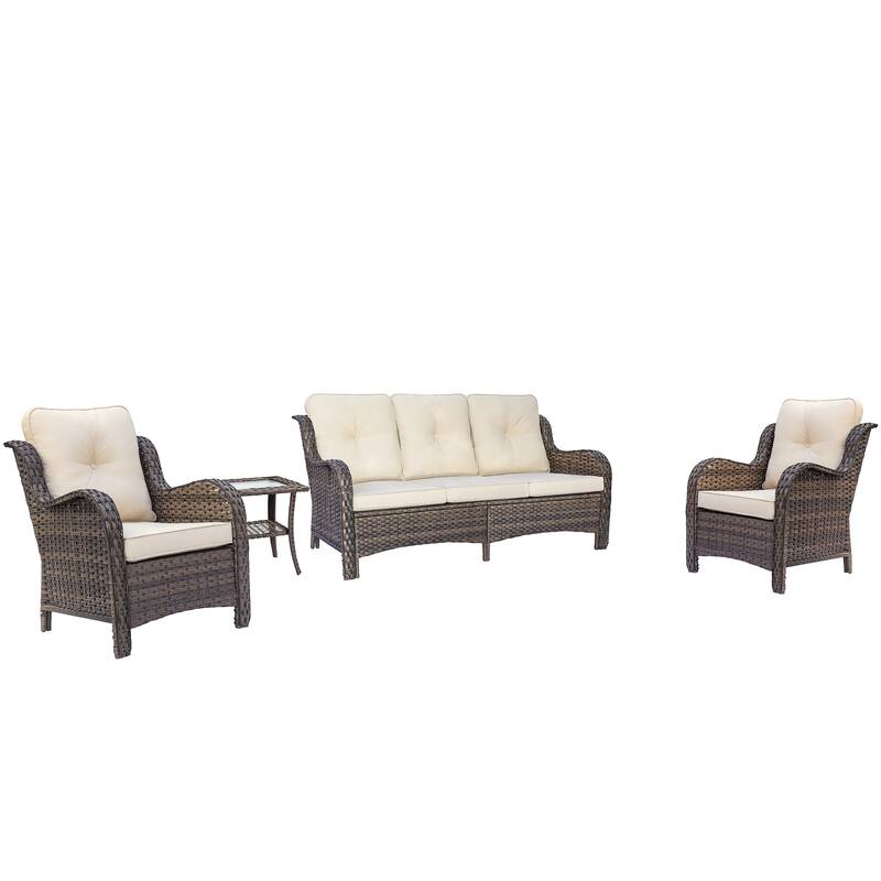 Outdoor Brown Wicker Patio Furniture Seating Sets with Beige Cushions