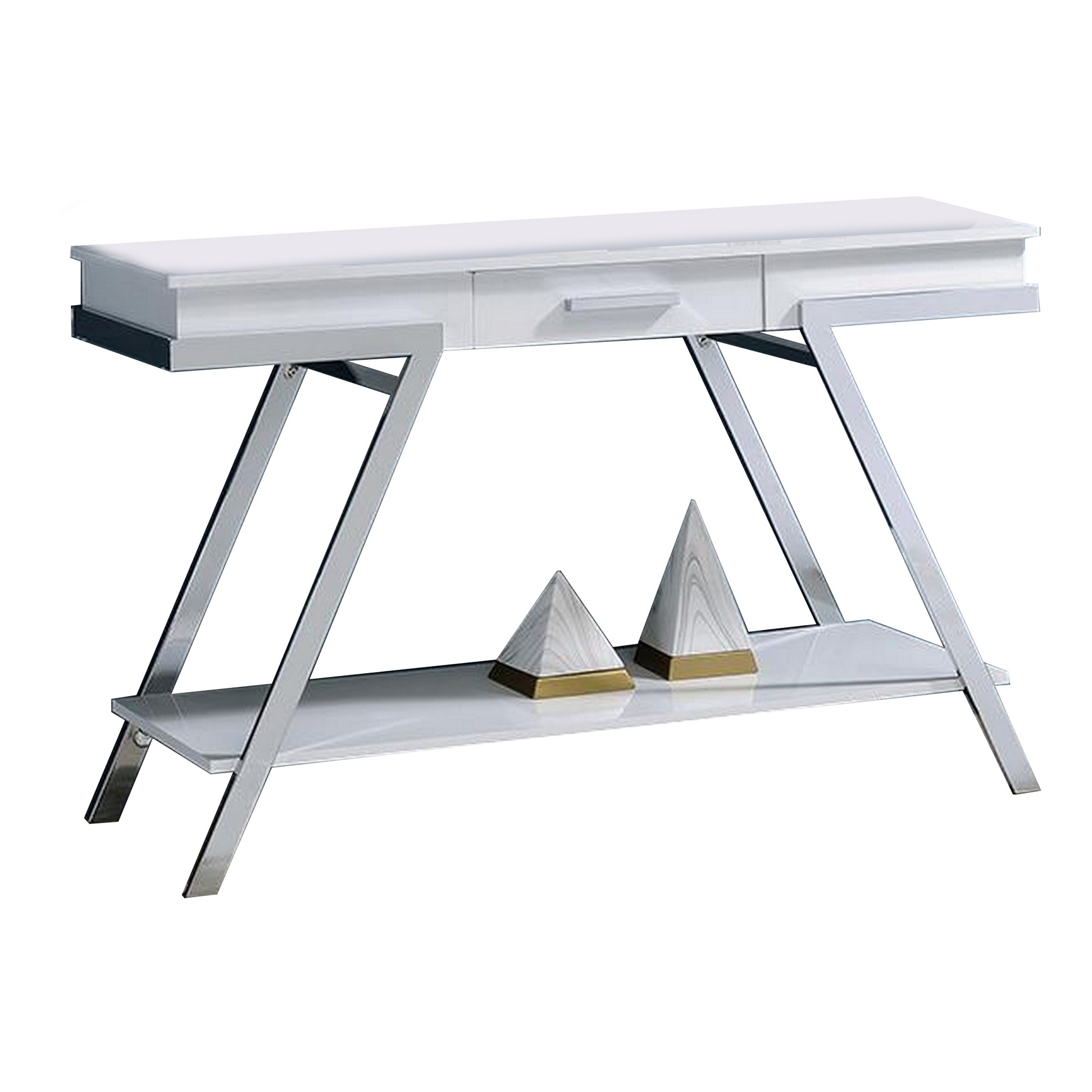 Tius 48 Inch Sofa Table, Open Shelf, Chrome Frame, High Gloss White Finish