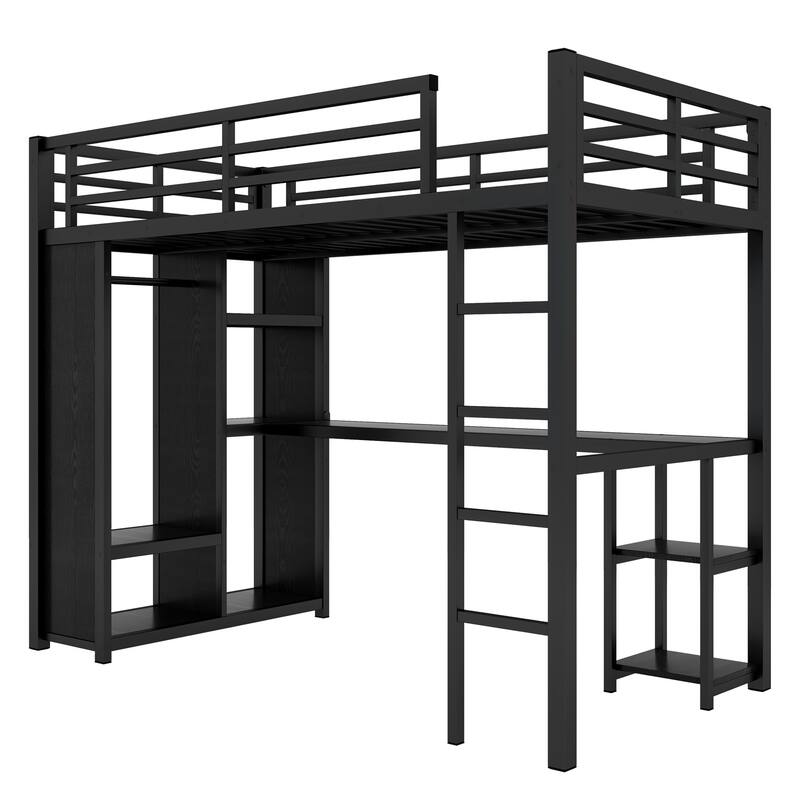 High Loft Bed Metal Bed Frame with Built-in Open Wardrobe, Desk and Storage Shelves, Twin XL Size Loft Bed with Guardrails