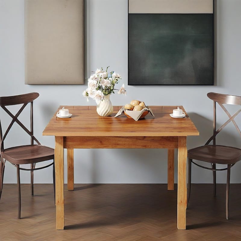 Square Oak Dining Table 39 Inch Rustic Brown Farmhouse Style for 2 to 4 People Wooden Legs - 39.4" x 39.4" x 30" - Natural