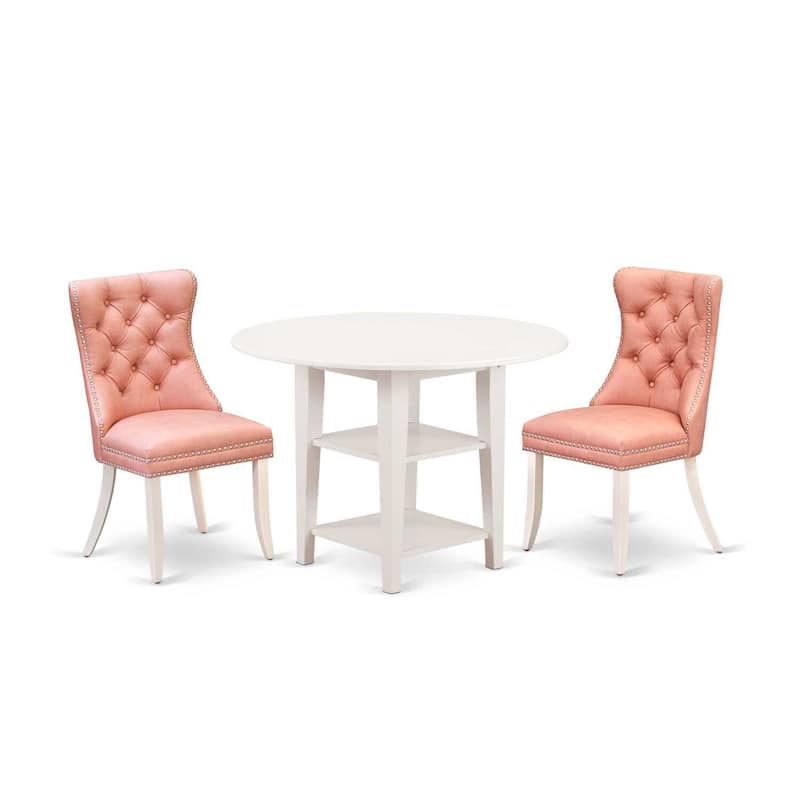 HomeStock 3-Pc Linen White Finish Round Solid Wood Top with Dropleaf Dining Table Set