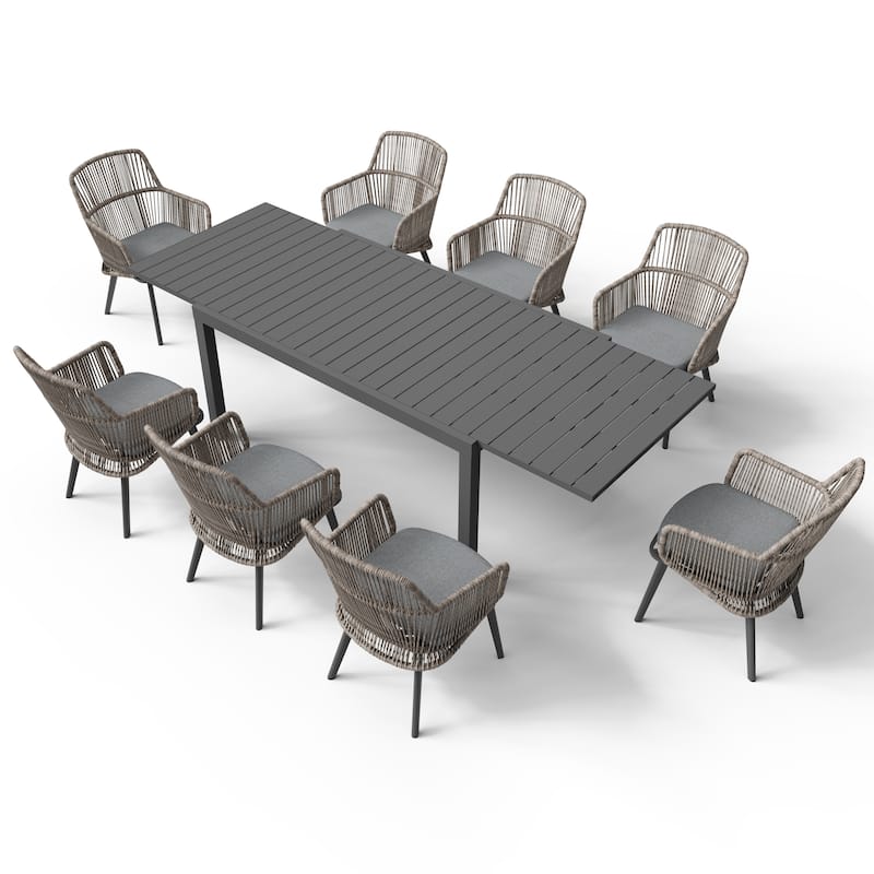 Outdoor Patio Dining Sets with PE Wicker Chairs and Extendable Aluminum Dining Table for 8 Persons