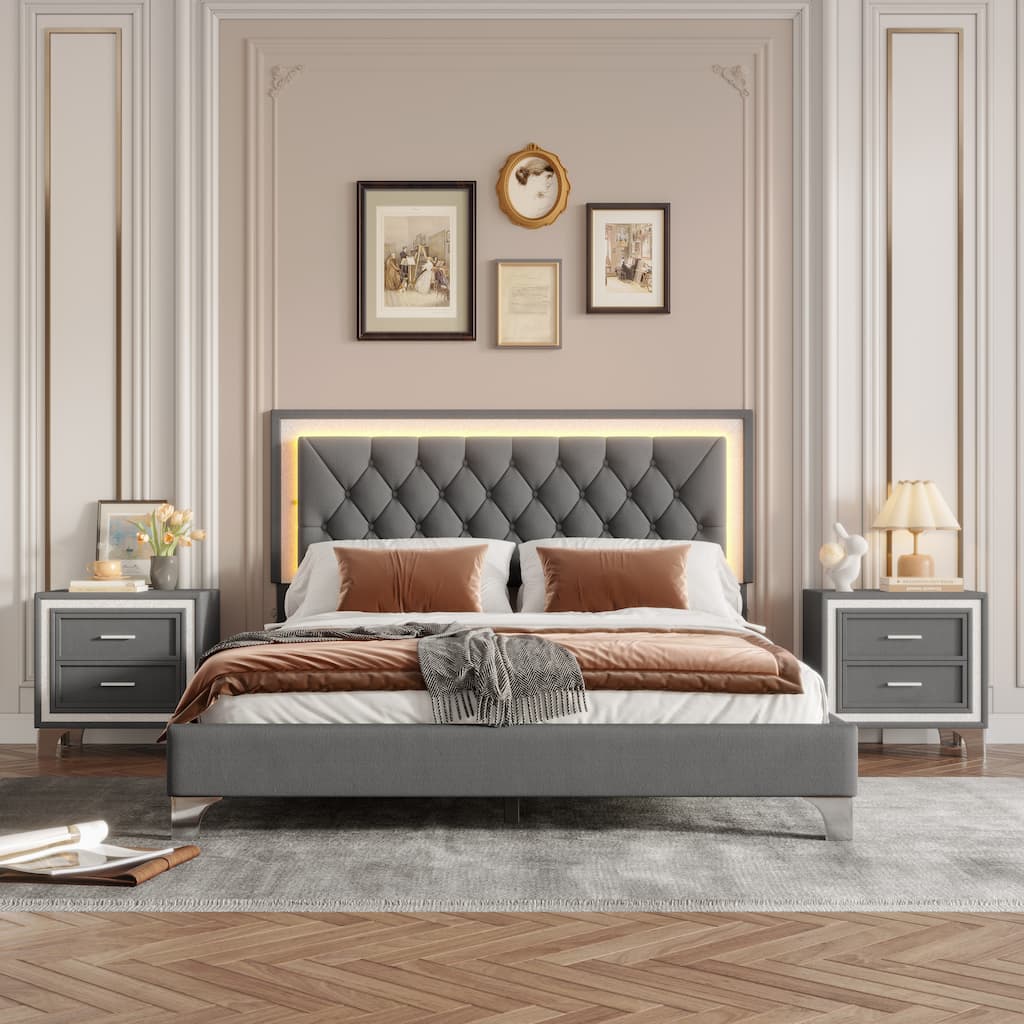 3-Pieces Bedroom Sets, Queen Size Upholstered Platform Bed with LED Lights and Two Nightstands-Gray