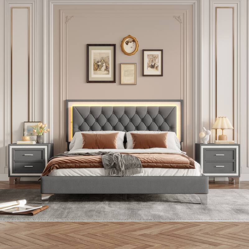 Queen Size Velvet Upholstered Set Platform Bed with LED Headboard and 2 Nightstands (3-Piece) - Gray