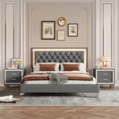Queen Size Velvet Upholstered Set Platform Bed with LED Headboard and 2 Nightstands (3-Piece)