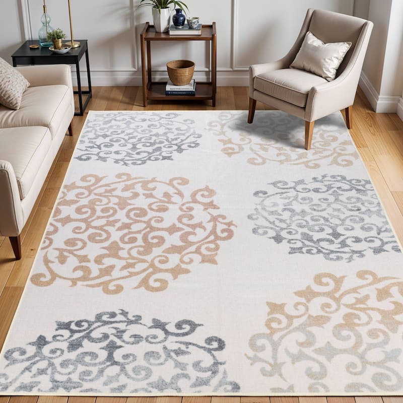 Superior Amber Floral Scroll Non-Slip Washable Indoor Runner or Area Rug - 4' x 6' - Ivory