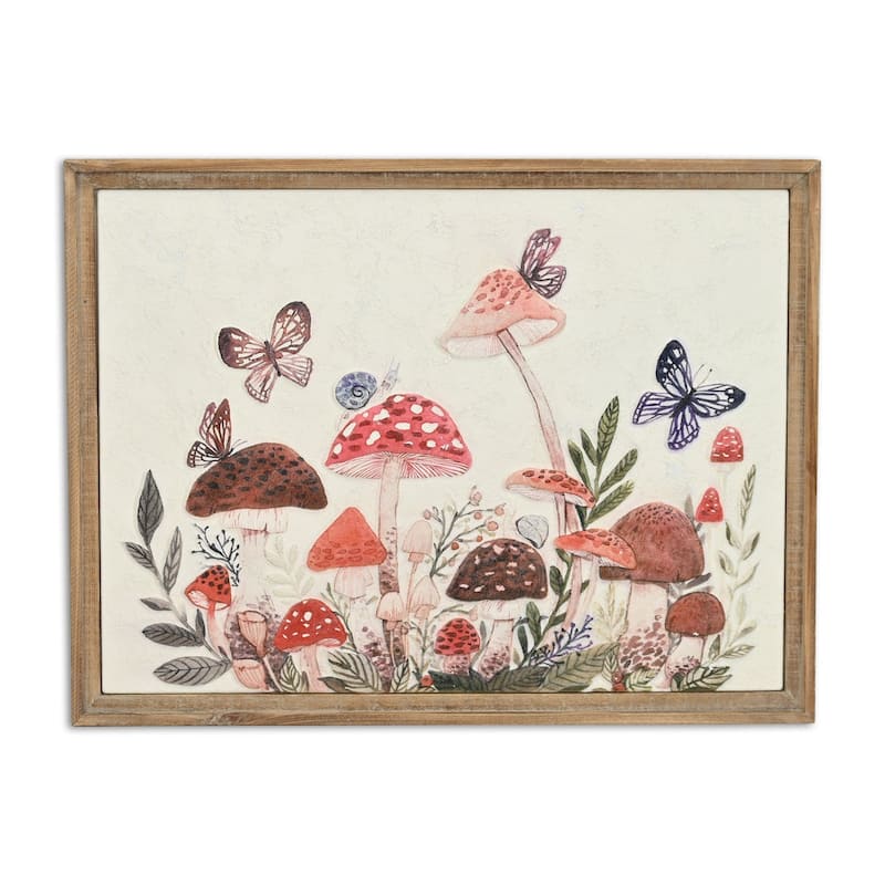 HomeRoots 20" X 26" Natural And White Butterflies and Mushrooms Metal Framed Art