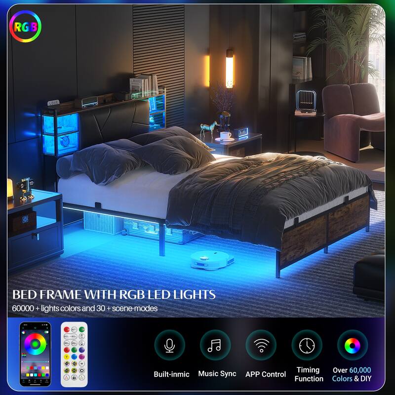 Bed Frame with Upholstered Storage Headboard,Matel Platform Bed with Charging Station and RGB LED Lights,Easy Assembly
