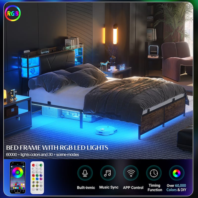 Bed Frame with Storage Upholstered Headboard and Charging Station and RGB LED Lights