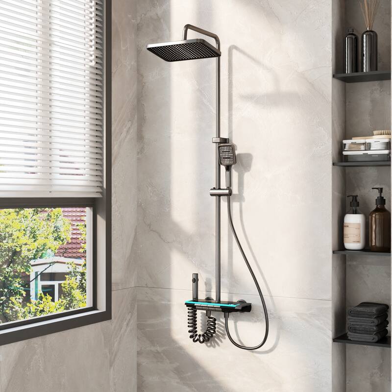 Shower System with LED Temperature Display, 4 Function Piano Button Shower Panel with Rainfall Shower Head, Handheld Shower