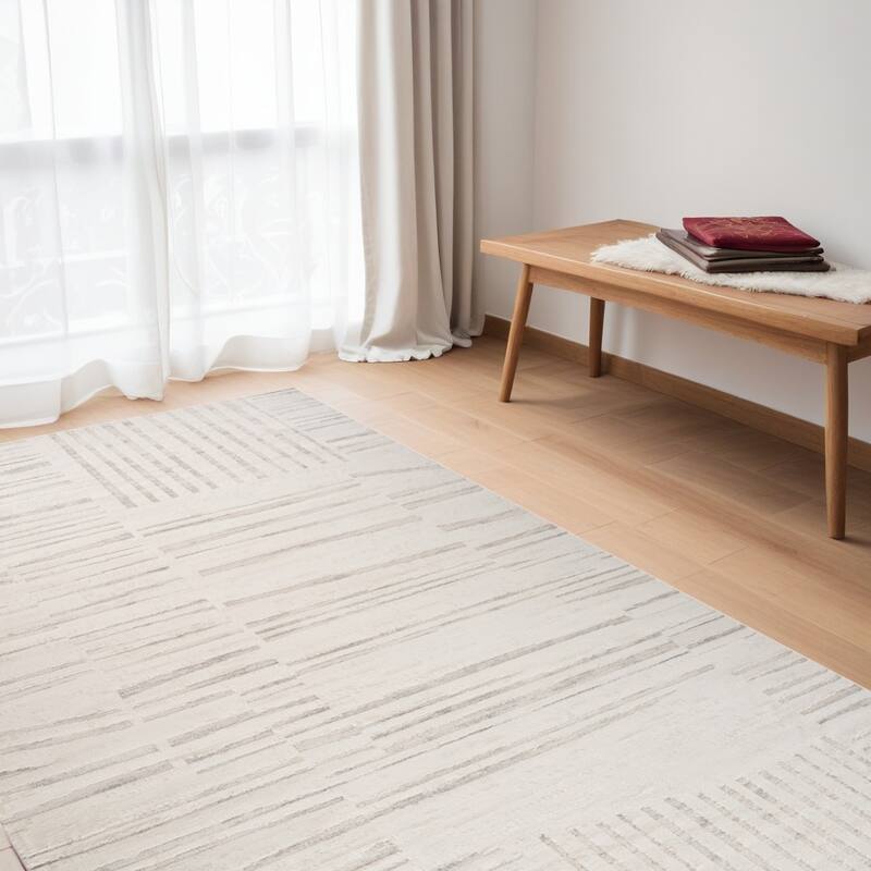 Bineb Distressed Geometric Modern Stain Resistant Woven Area Rug By HomeRoots - 5' X 8' - Gray and Beige - Rectangle