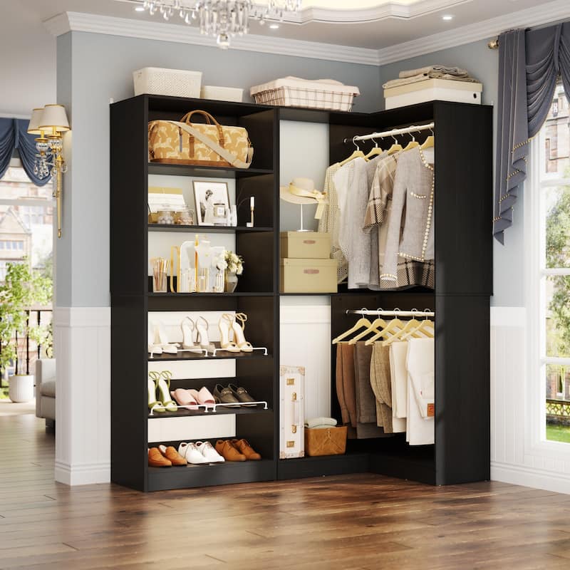 Cimly Set of 2 Corner Closet System, Freestanding Closet Organizer with Hanging Rods and Tower Shelves - Black