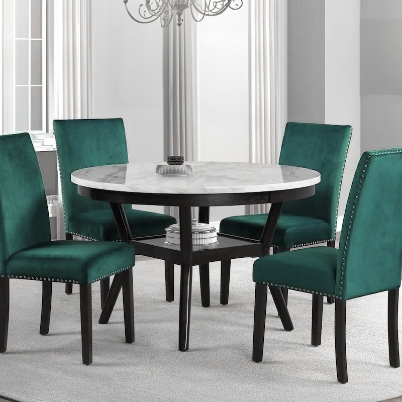 Kate 47 Inch Round Dining Table with Faux Marble Top, White and Brown
