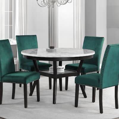 Kate 47 Inch Round Dining Table with Faux Marble Top, White and Brown