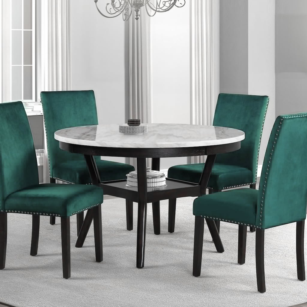 Kate 47 Inch Round Dining Table with Faux Marble Top, White and Brown