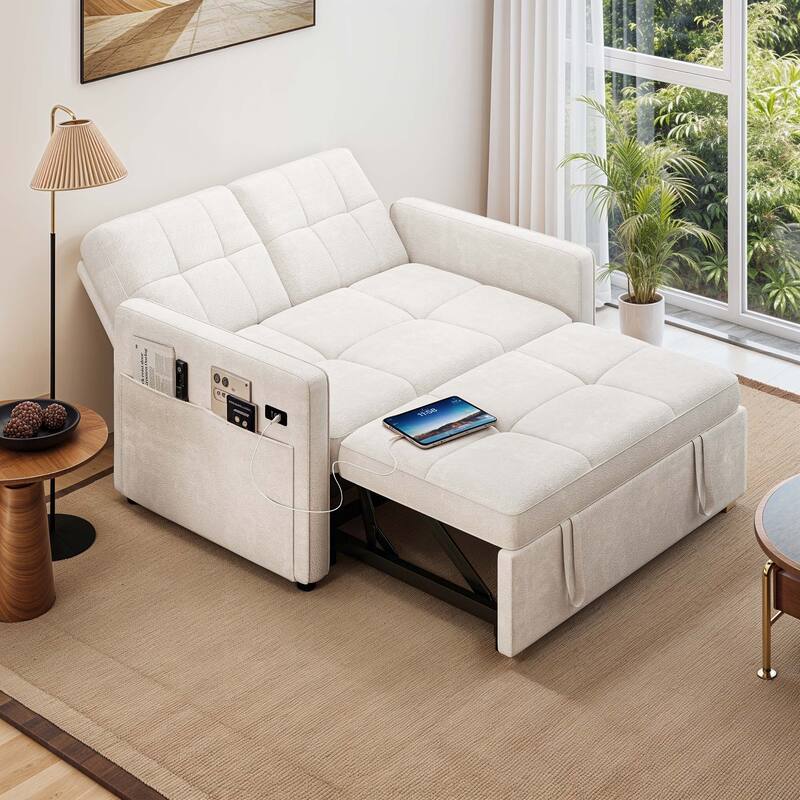 3-in-1 Multi-Functional Sleeper Sofa with Iron Frame Pull-Out Bed Loveseat and USB Port for Living Room or Small Space