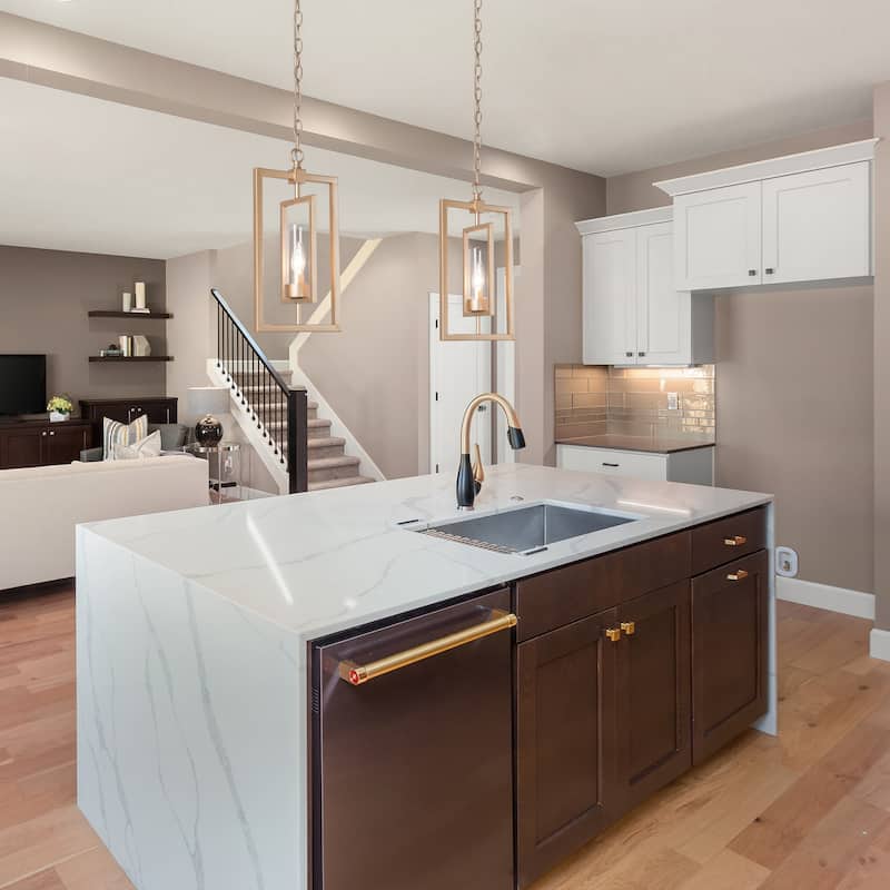 Mid-century Modern Gold Lantern Pendant Farmhouse Dimmable LED Rotatable Kitchen Island Light with Cylinder Glass