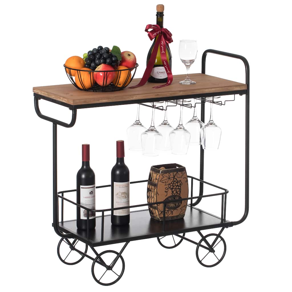 Metal Wine Bar Serving Cart with Rolling Wheels, Wine Rack, and Glass Holder