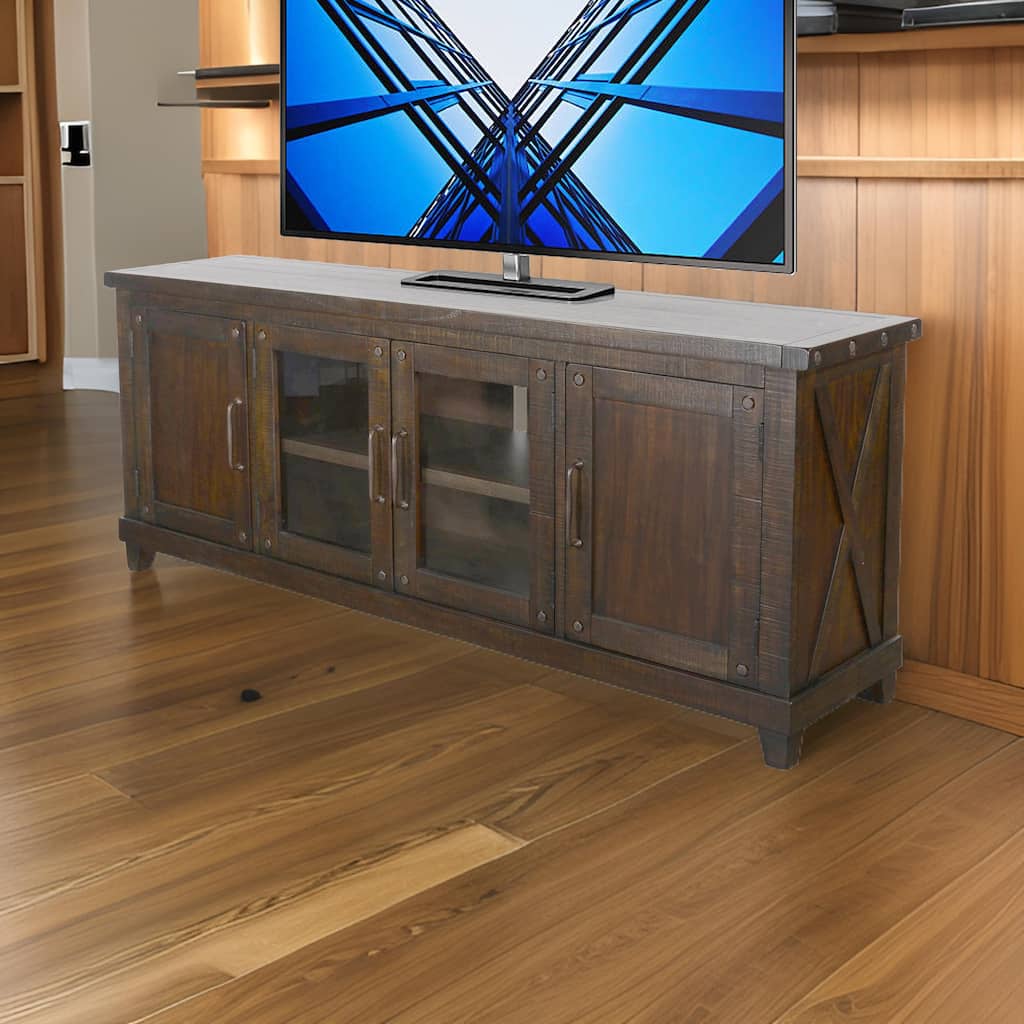 Anva TV Media Console, Shelves, Doors, Dark Brown Mahogany, 74 Inch