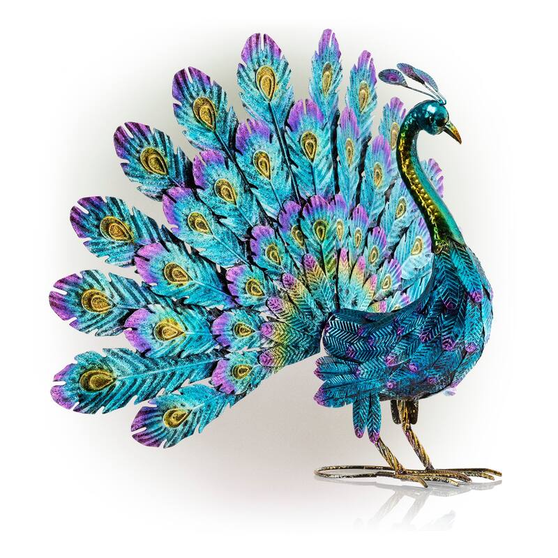 Alpine Corporation 23" Tall Outdoor Metallic Peacock Tail Spread Yard Statue Decoration, Multicolor