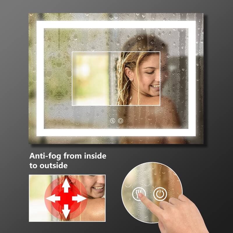 LED Bathroom Vanity Mirror Wall Mounted Anti-Fog Dimmable Mirror with 2 Buttons Vertical & Horizontal Hang