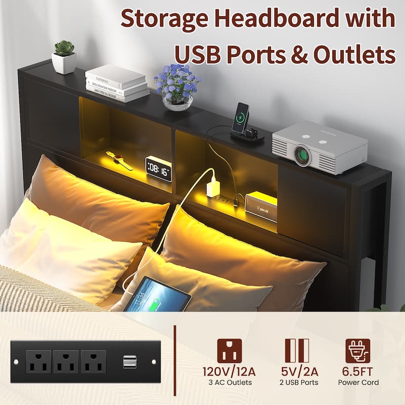 Storage Headboard Platform Bed Frame with Charge Station and LED Light
