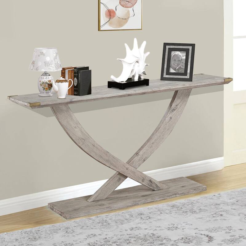 Kit 57 Inch Acacia Wood Console Table, Cross Legs, Gray