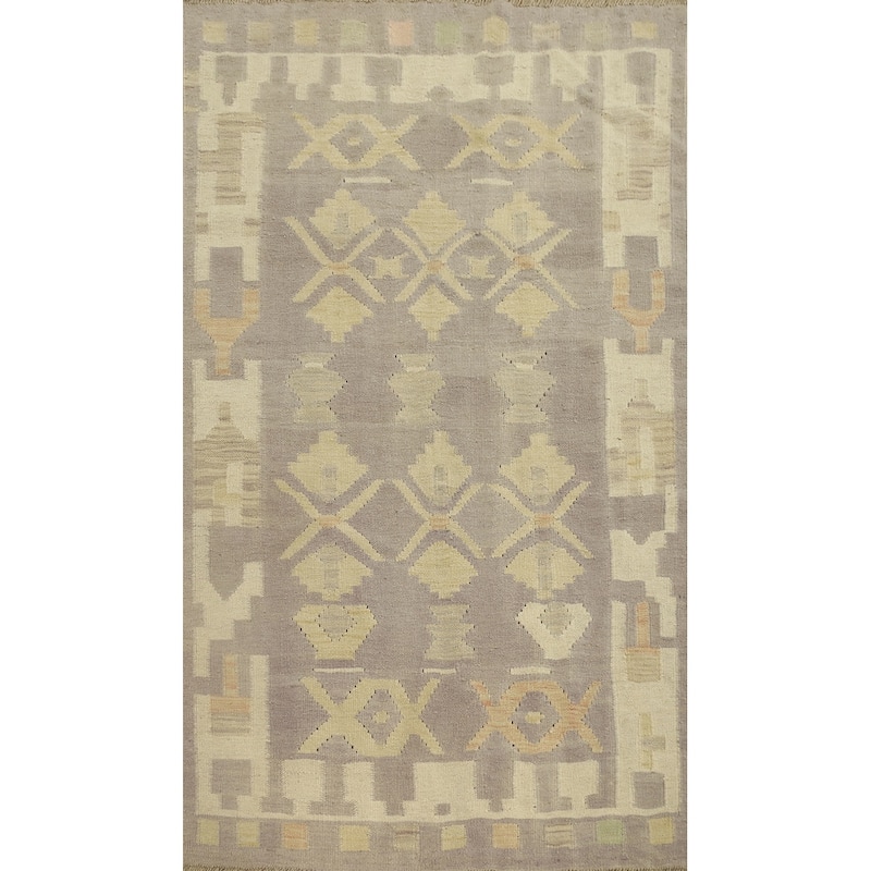 Hand Woven Oriental 100% Wool Carpet Southwestern Tribal Greys & Charcoal Kilim Area Rug - 5' 2'' X 3' 2''