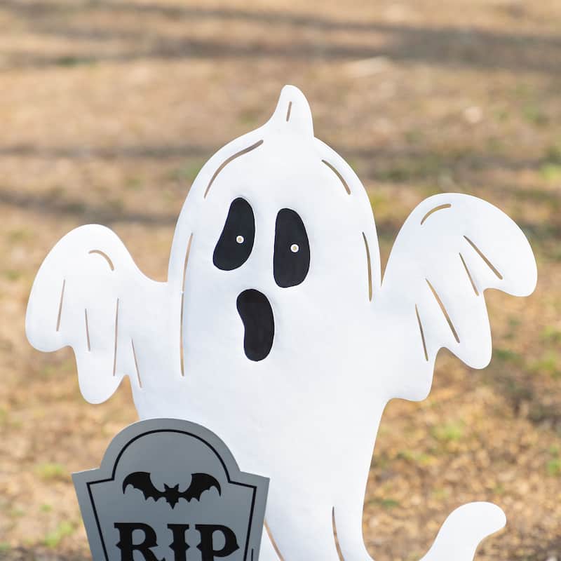 Glitzhome Halloween LED Ghost Cat Pumpkin Nutcracker Yard Stakes Standing Sign Hanging Decor