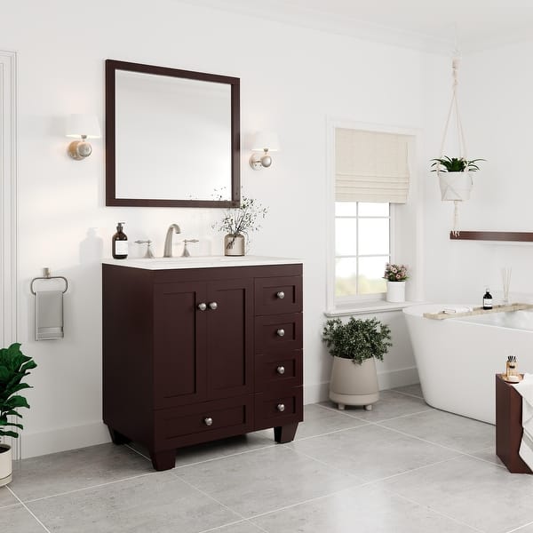 Acclaim 30 in. W x 22 in. D x 34 in. H Bath Vanity in Teak with White Carrara Marble Top with White Sink