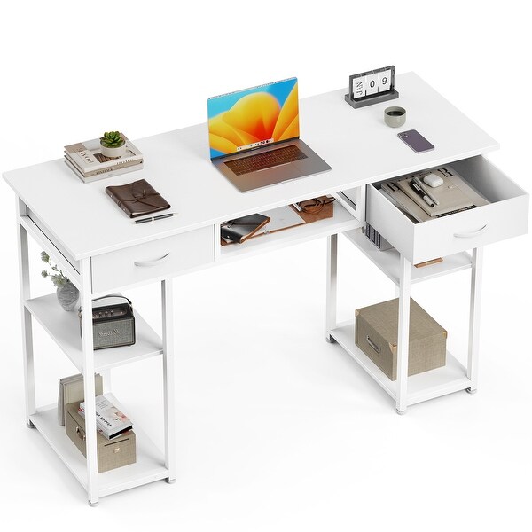 48 inch Computer Desk with Fabric Drawers Storage Shelves Space Headphone Hook Metal Frame Adjustable Feet White