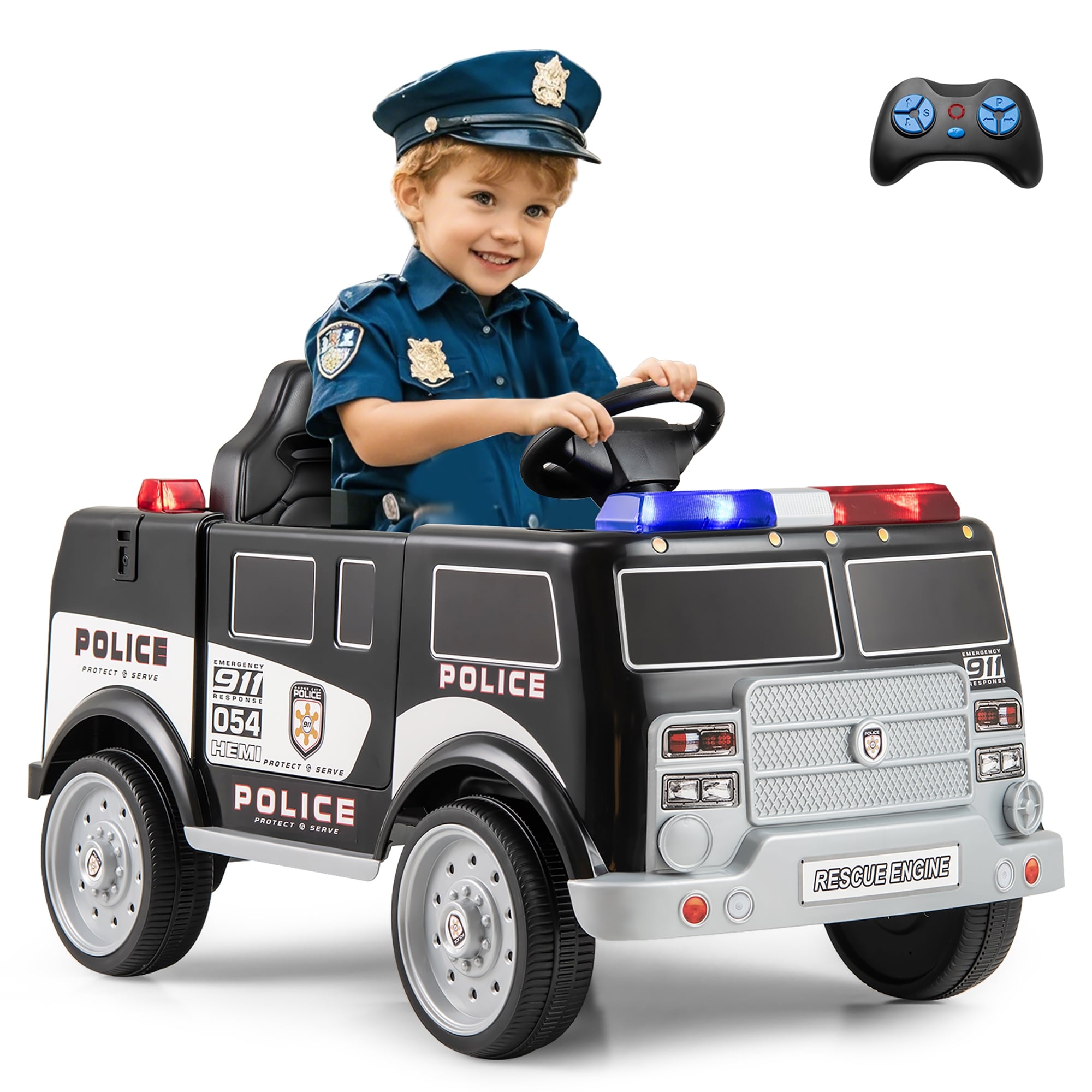 Gymax Kids Ride on Police Car w/ 3 Speeds Megaphone Music FM Radio