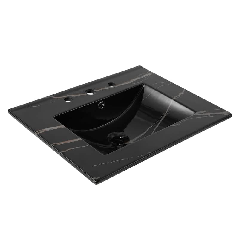 Aubert 3-Hole Classic Contemporary Rectangular Ceramic Single Sink Basin Vanity Top, by JONATHAN Y - 24 in. - Black Marble Effect
