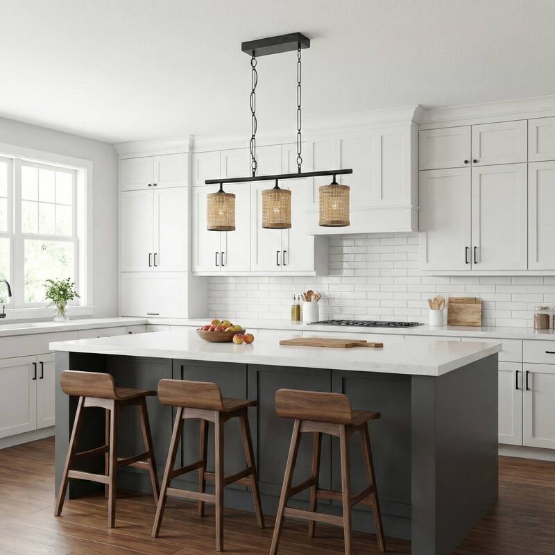 Sian Three-Light Island Pendant Lamp, Natural Rattan Shade - Black