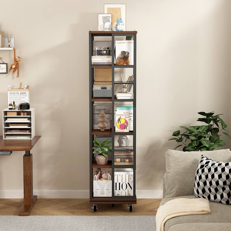 5 Tiers Rotating Bookshelf, Corner Bookcase, 360 Display Wood Spinning Bookshelves, Floor Standing Bookcase Narrow Shelf
