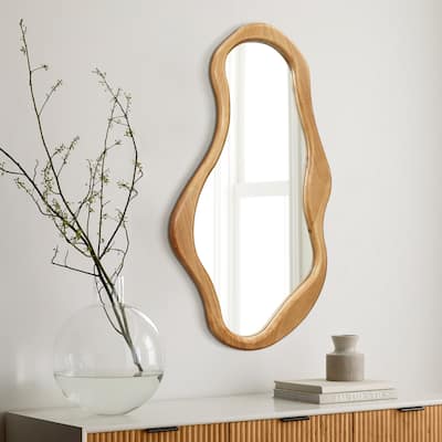 Natural Pine Wood Frame Irregular Oval Wall Mirror, Bathroom Wall Mirror - 39.4" H x 22" W x 1.38" D