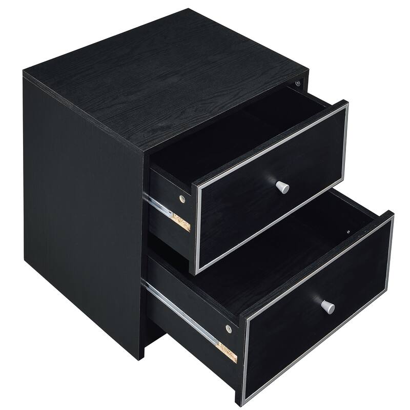Black and Silver 2-Drawer Nightstand with Metal Glides