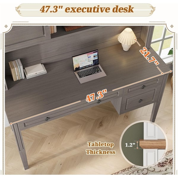 dimension image slide 20 of 30, Farmhouse Executive L Shaped Desk Home Office Desk with Drawers and Storage Cabinet & Power Outlet
