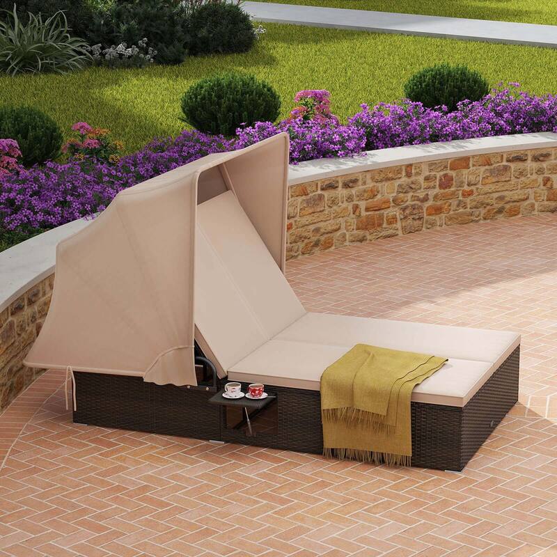 Costway 2-person Rattan Lounge Bed with Retractable Canopy 5-position - See Details