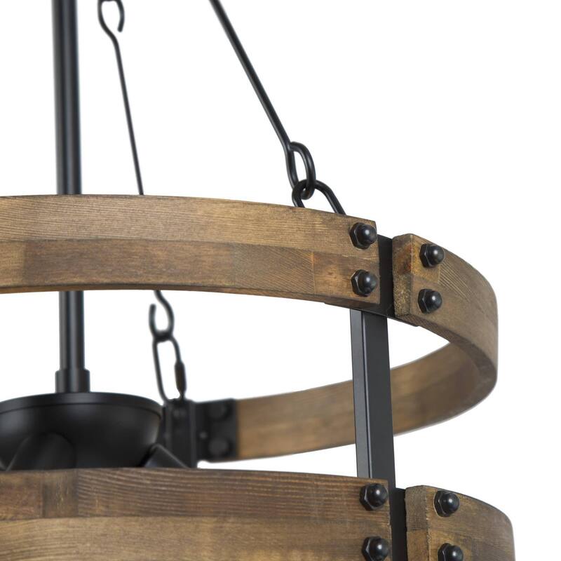 Rustic 3-Light Wood Drum Chandelier Farmhouse Airy Kitchen Island Pendant Light - Dia.15.5"xH21.5"