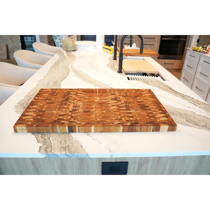 EcoDecors, Teak Edge Grain Cutting Board 34-inch x 20-inch, Extra Large Solid FSC Teakwood Butcher Block with Juice Groove