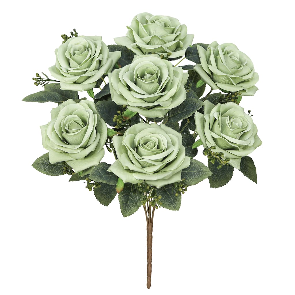 Set of 2 Sage Green Artificial Queen Tea Rose Flower Stem Bush Bouquet 17in - 17" L x 9" W x 9" DP