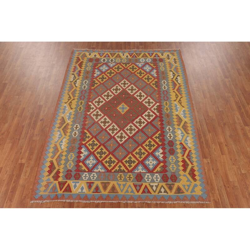 Geometric Kilim Persian Vintage Area Rug Flatweave Wool Carpet - 6'7"x 9'6"