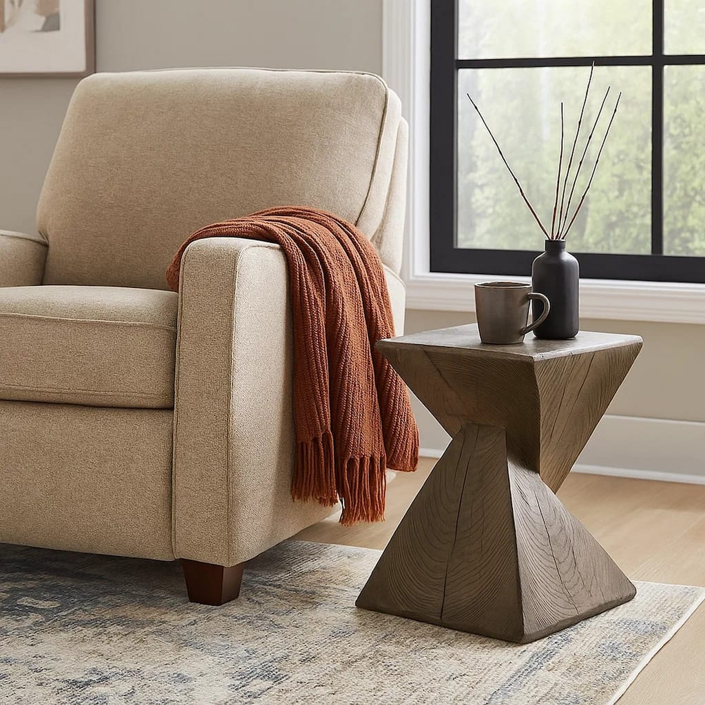 17 Inch Accent Table, Heavy-Duty Durability Cement, Weathered Oak Brown