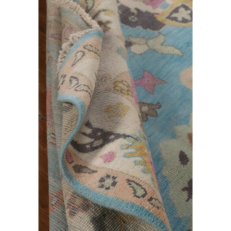 Light Blue Floral Oushak Oriental Area Rug Hand-Knotted Wool Carpet - 8'11"x 11'9"